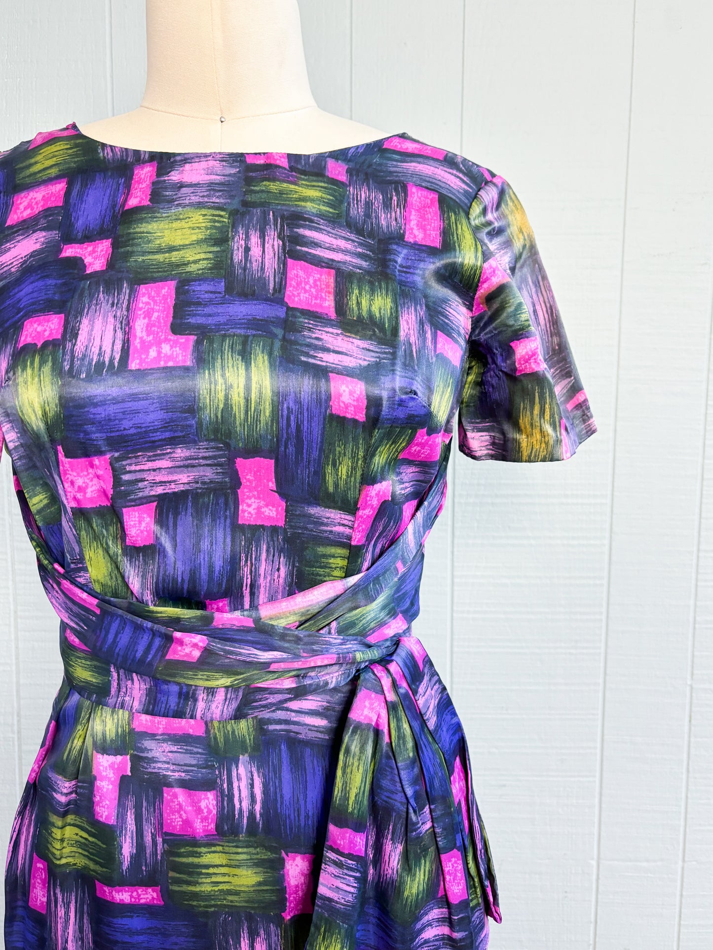 50's 60's Mrs. Maisel Purple Pink Green Wiggle Dress | XXS/XS