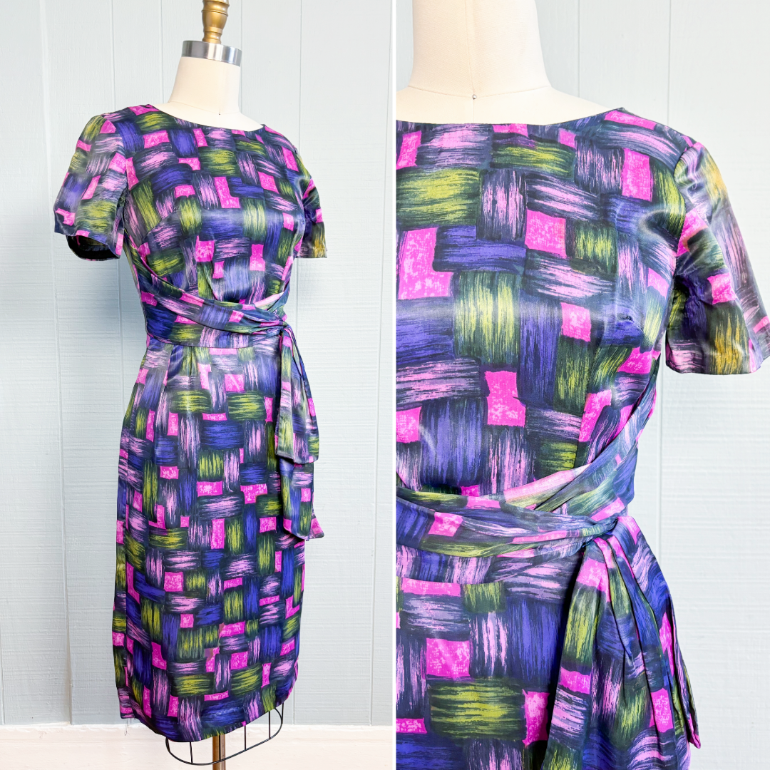 50's 60's Mrs. Maisel Purple Pink Green Wiggle Dress | XXS/XS