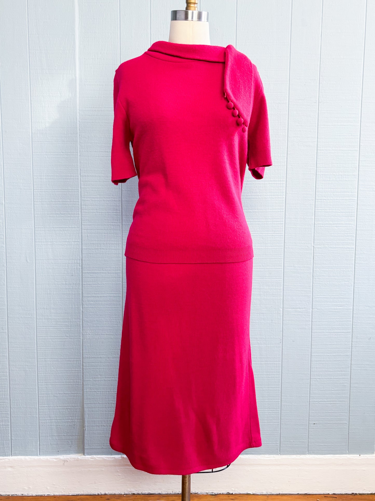 60's Mrs. Maisel Sears Magenta Pink Knit Skirt Set | M/L