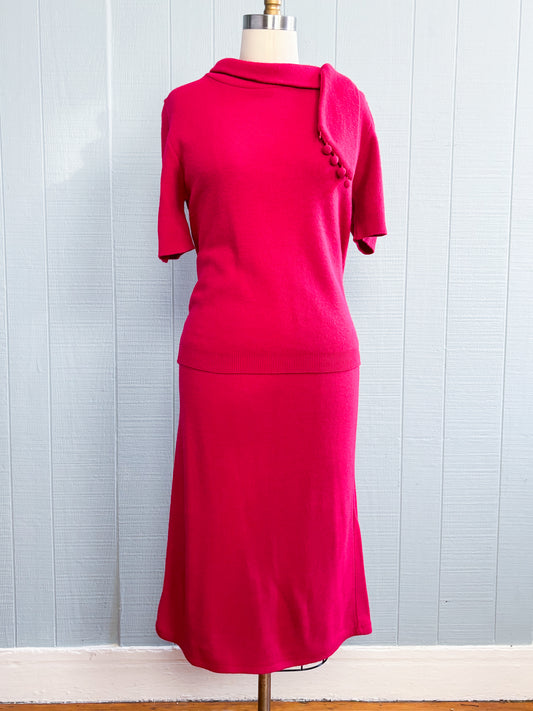 60's Mrs. Maisel Sears Magenta Pink Knit Skirt Set | M/L