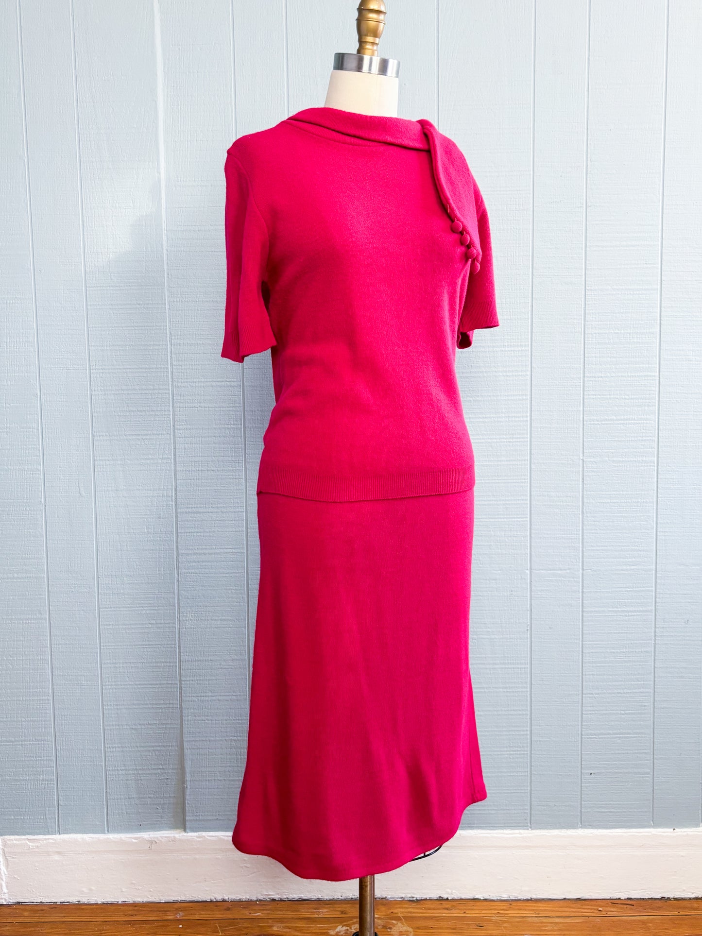 60's Mrs. Maisel Sears Magenta Pink Knit Skirt Set | M/L