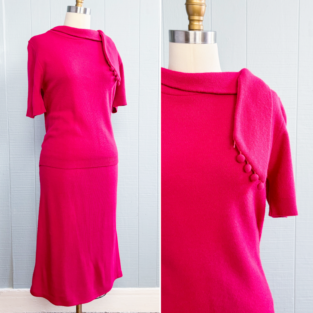 60's Mrs. Maisel Sears Magenta Pink Knit Skirt Set | M/L