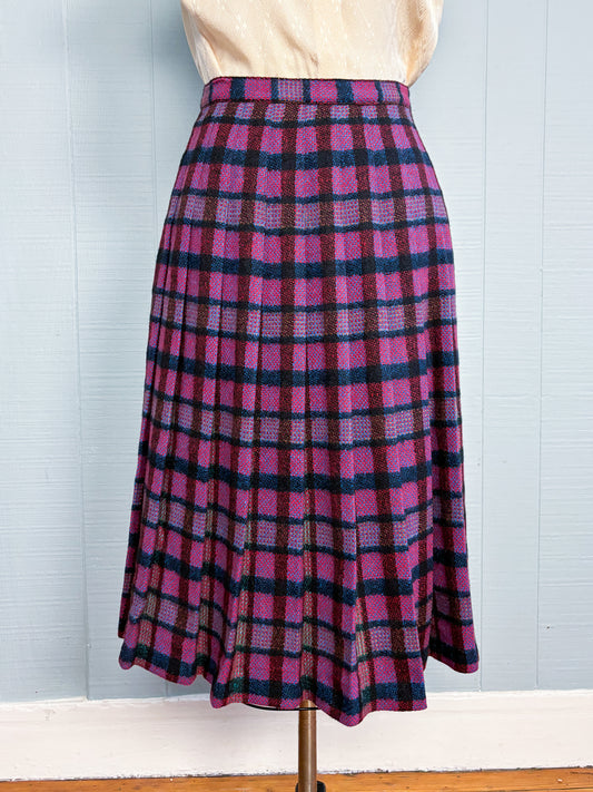 50's 60's Mrs. Maisel Purple Plaid Pleated Skirt | W: 26"
