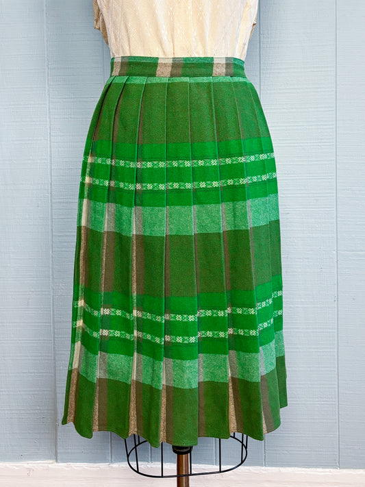 50's 60's Mrs. Maisel Green Plaid Pleated Skirt | W: 25"