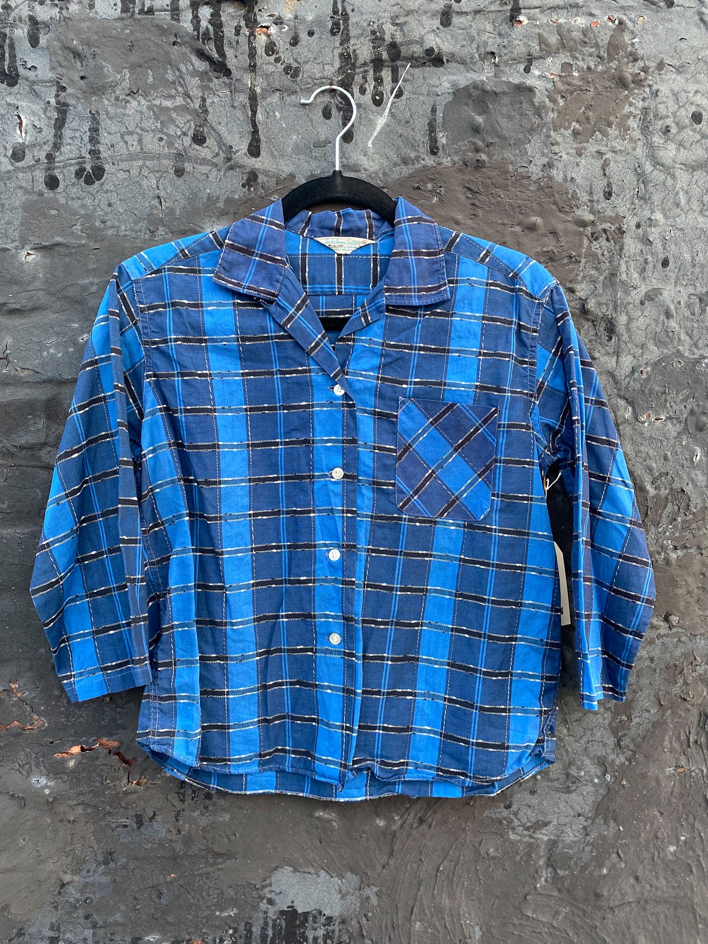 50's Black & Blue Plaid Blouse "Lady Anne Sutton" | M/L