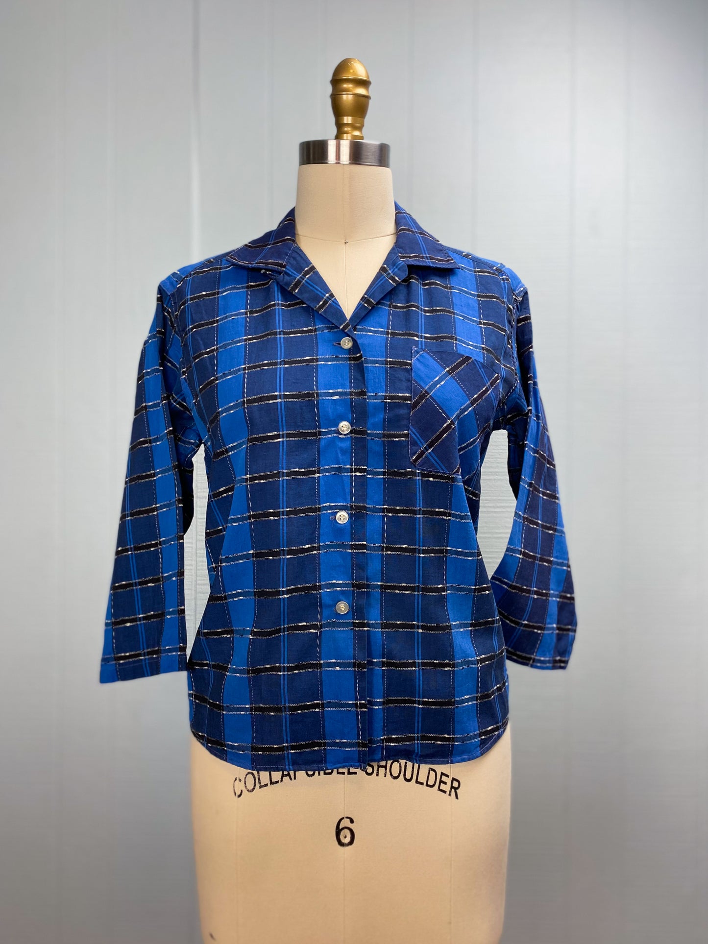 50's Black & Blue Plaid Blouse "Lady Anne Sutton" | M/L
