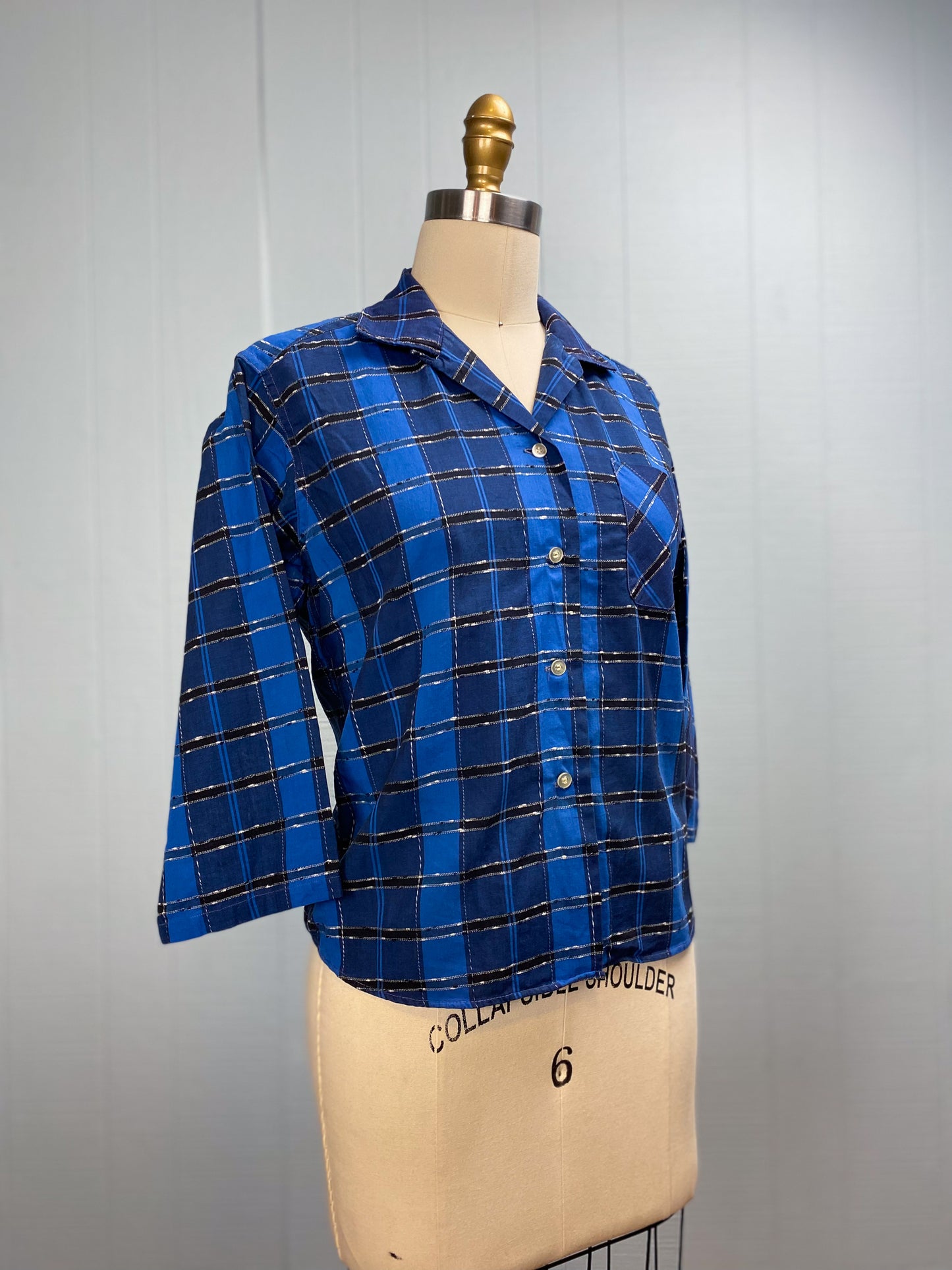 50's Black & Blue Plaid Blouse "Lady Anne Sutton" | M/L