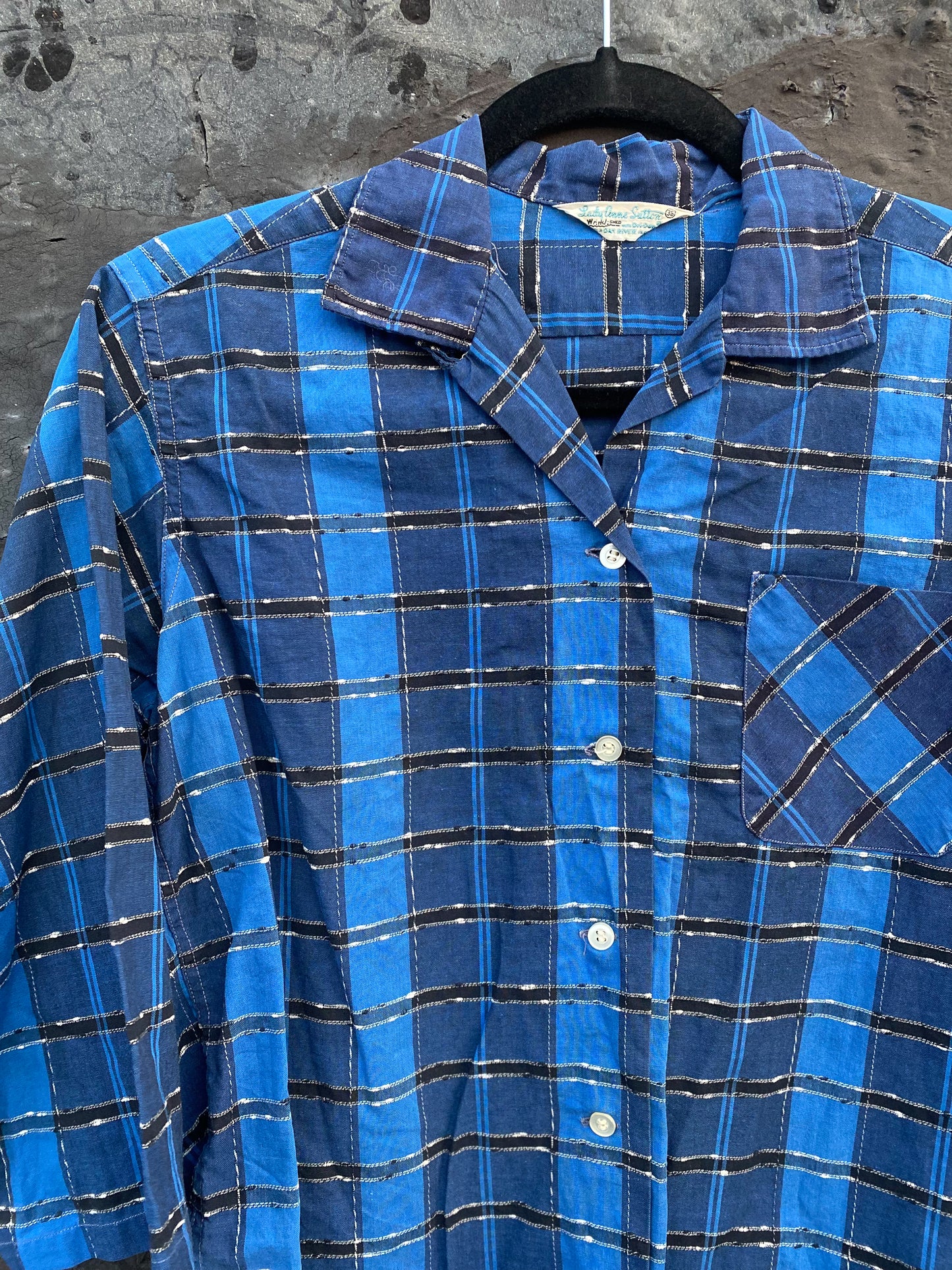 50's Black & Blue Plaid Blouse "Lady Anne Sutton" | M/L