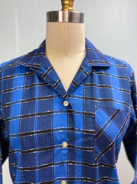 50's Black & Blue Plaid Blouse "Lady Anne Sutton" | M/L