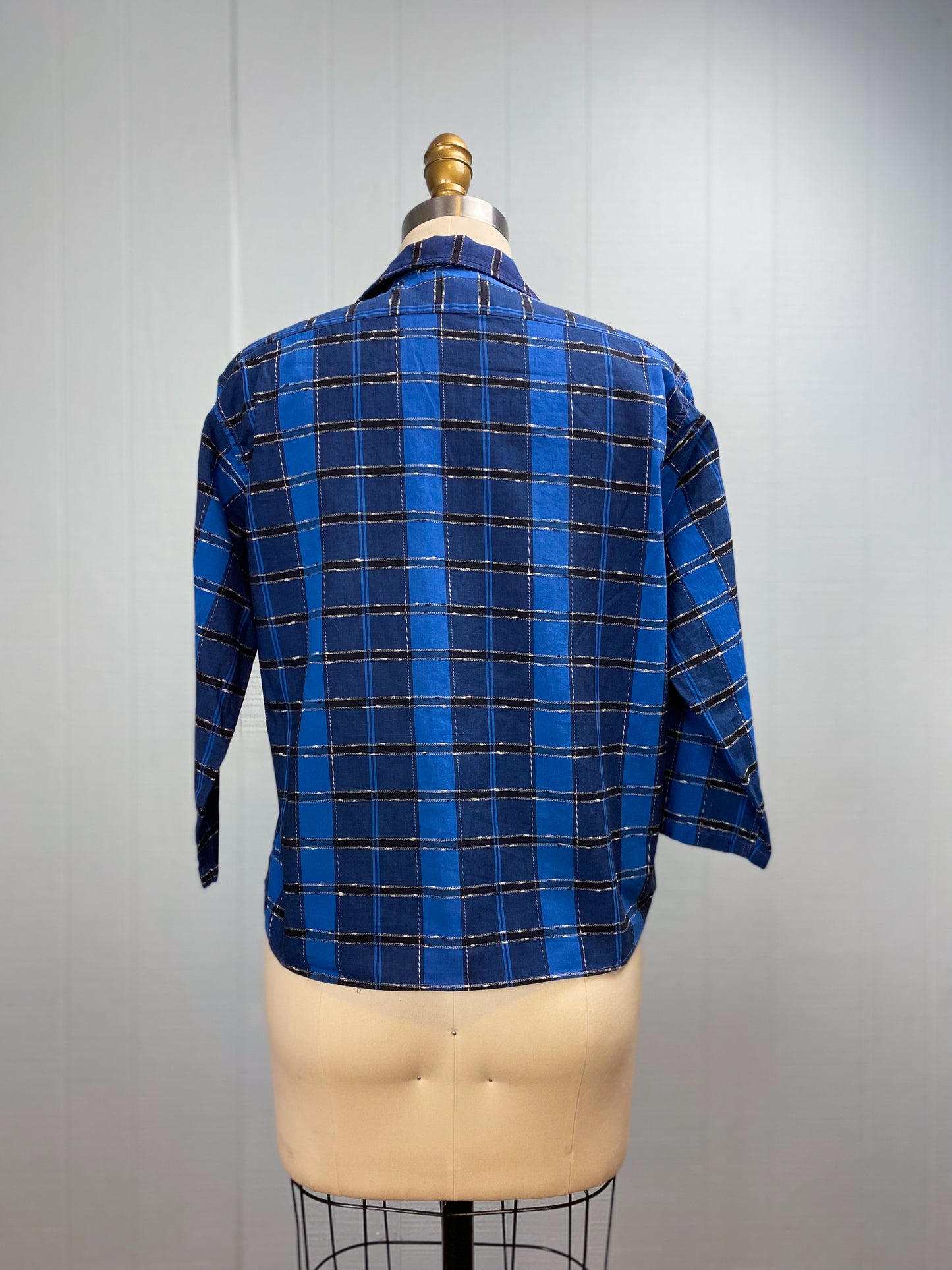 50's Black & Blue Plaid Blouse "Lady Anne Sutton" | M/L