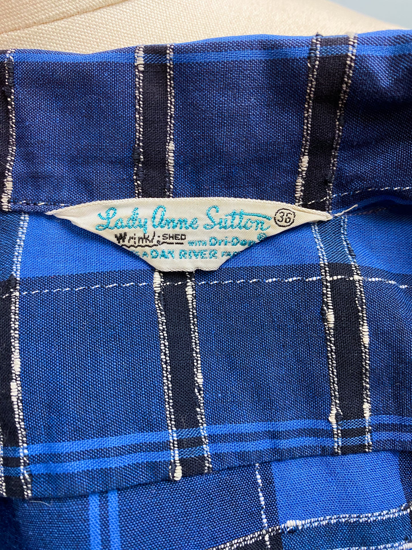 50's Black & Blue Plaid Blouse "Lady Anne Sutton" | M/L