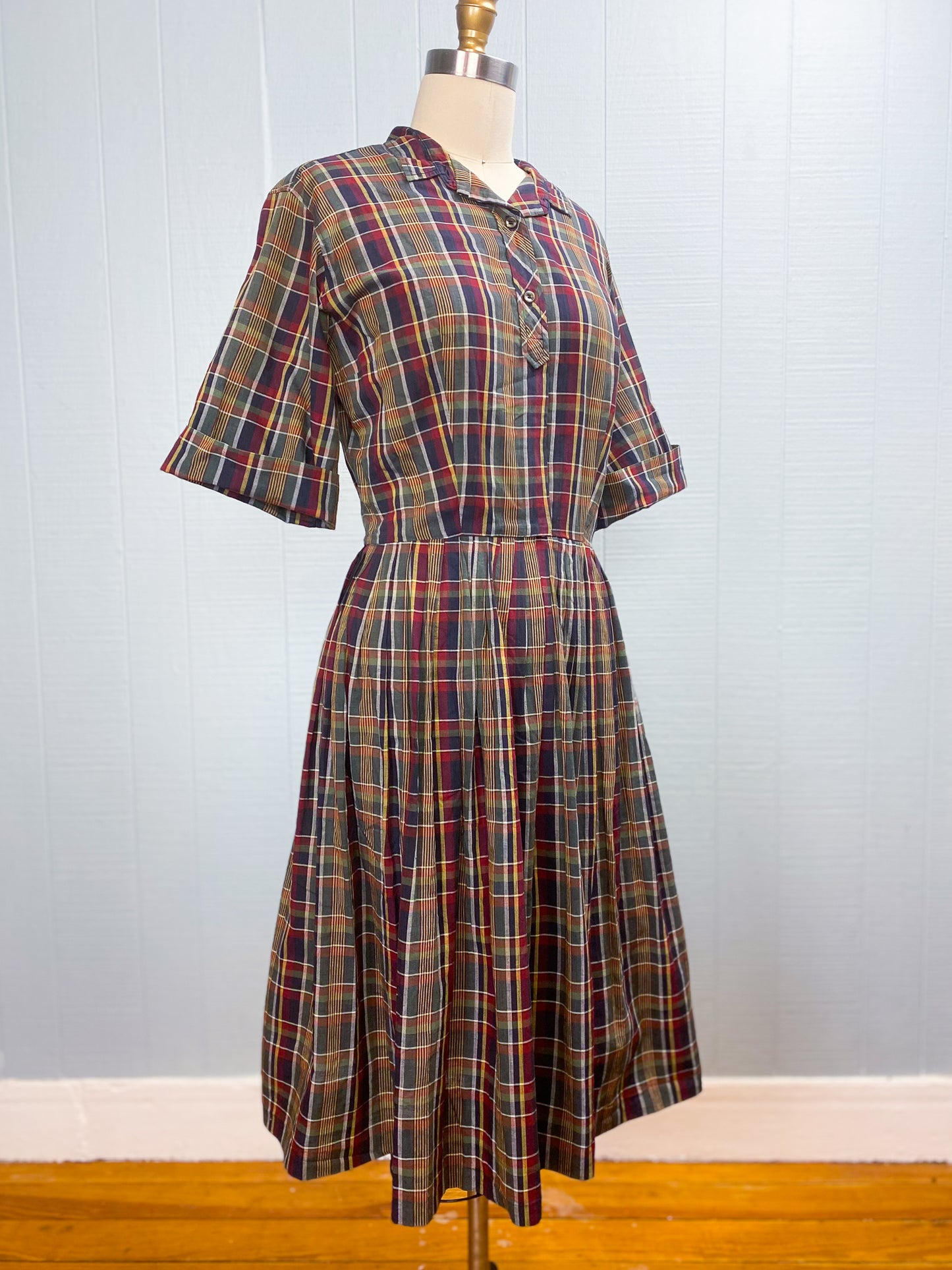 50's 60's Madras Plaid Shirt Dress Serbin | M