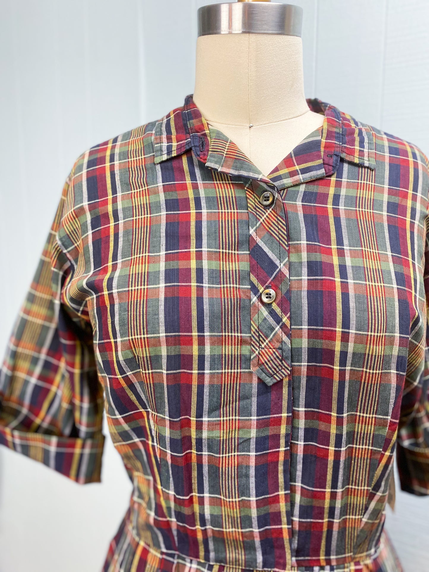 50's 60's Madras Plaid Shirt Dress Serbin | M