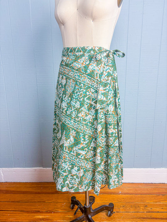 50s Mrs. Maisel Green Batik Novelty Wrap Skirt | M/L