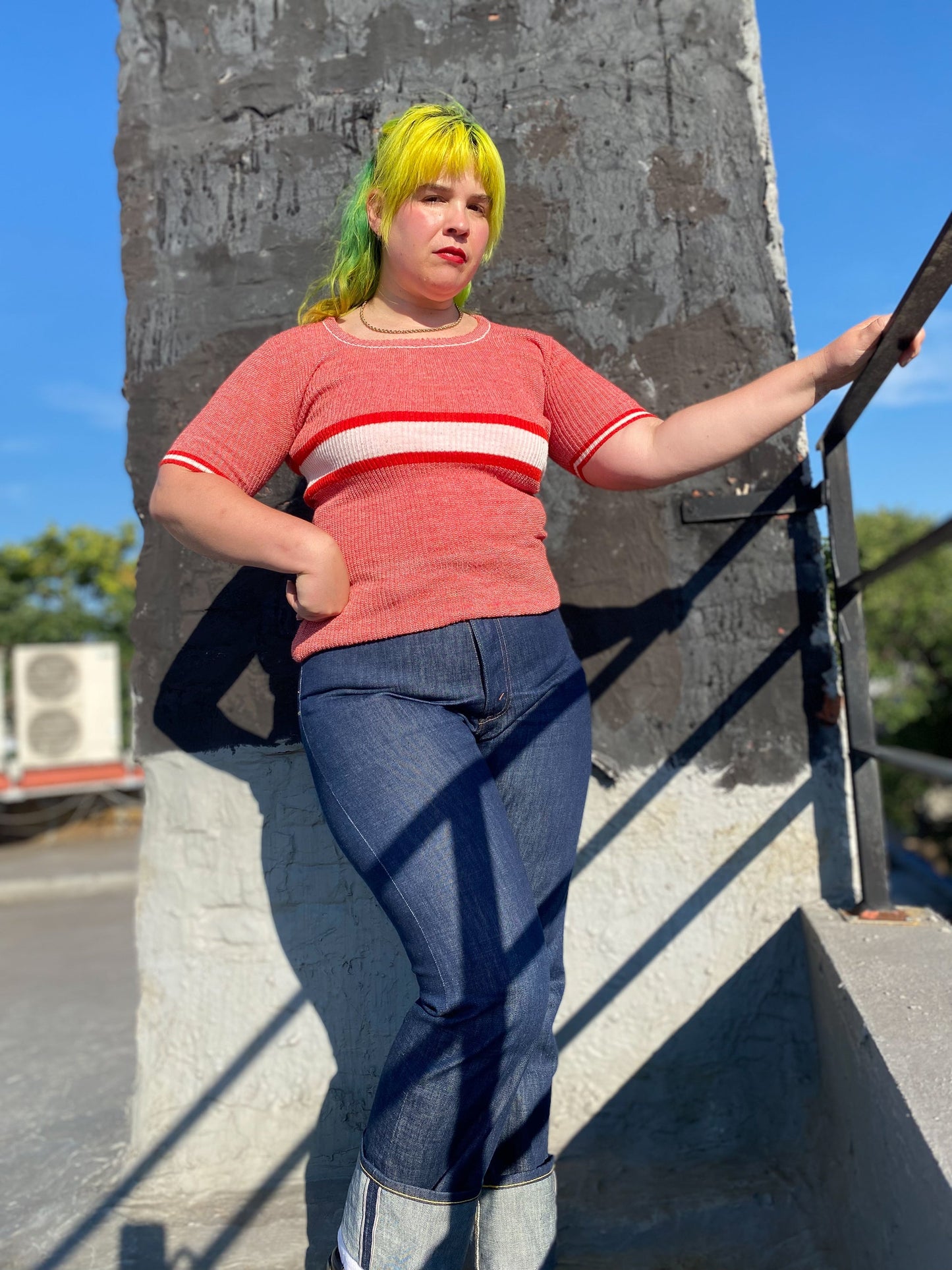 70's Red Space Dye Stripe Ribbed Sweater | S/M