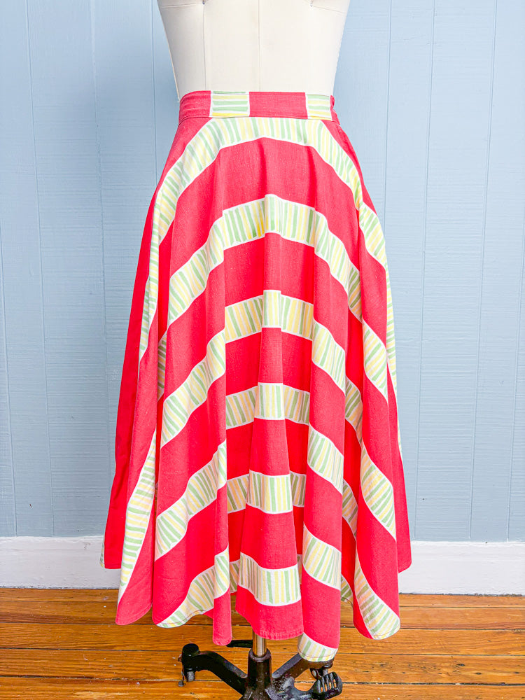 50s Mrs. Maisel Red Stripe Cotton Patio Skirt | W: 25"