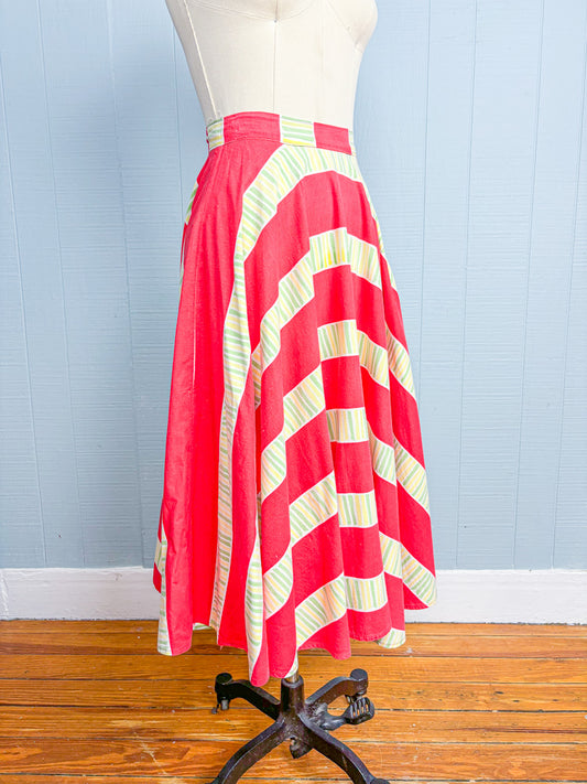 50s Mrs. Maisel Red Stripe Cotton Patio Skirt | W: 25"