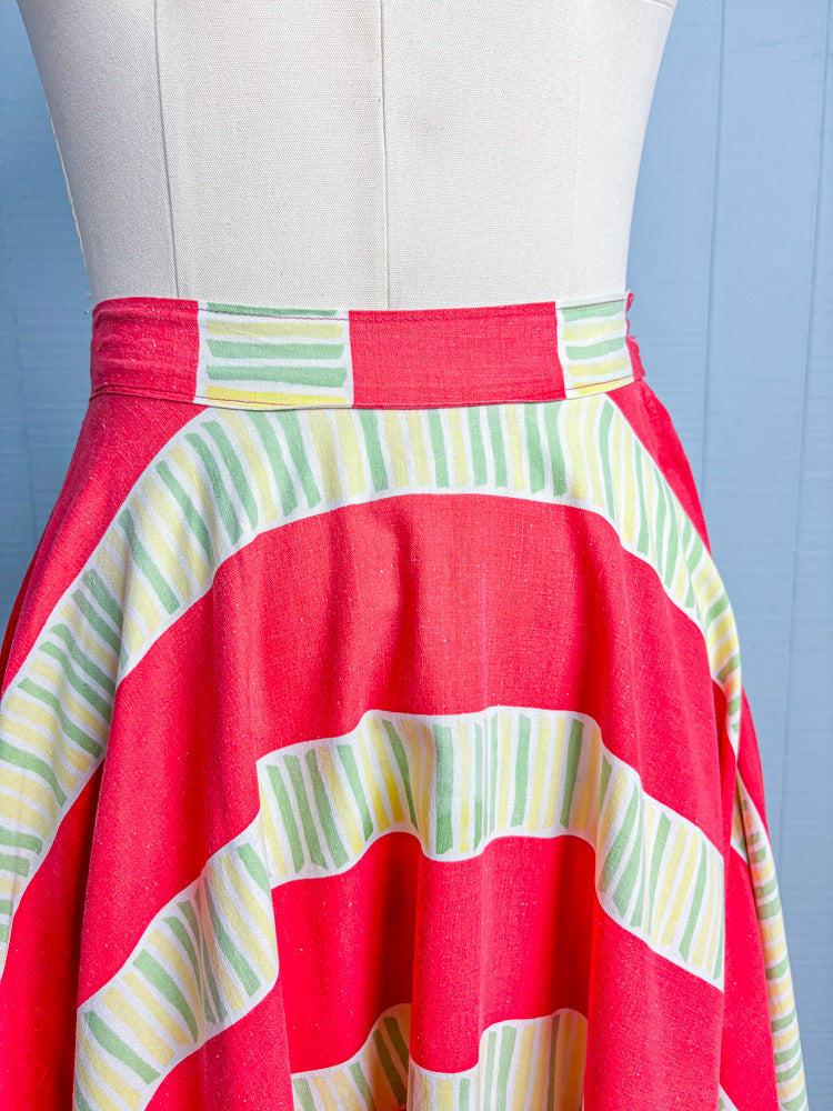50s Mrs. Maisel Red Stripe Cotton Patio Skirt | W: 25"