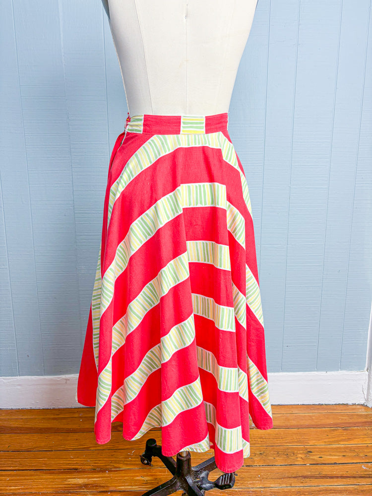 50s Mrs. Maisel Red Stripe Cotton Patio Skirt | W: 25"