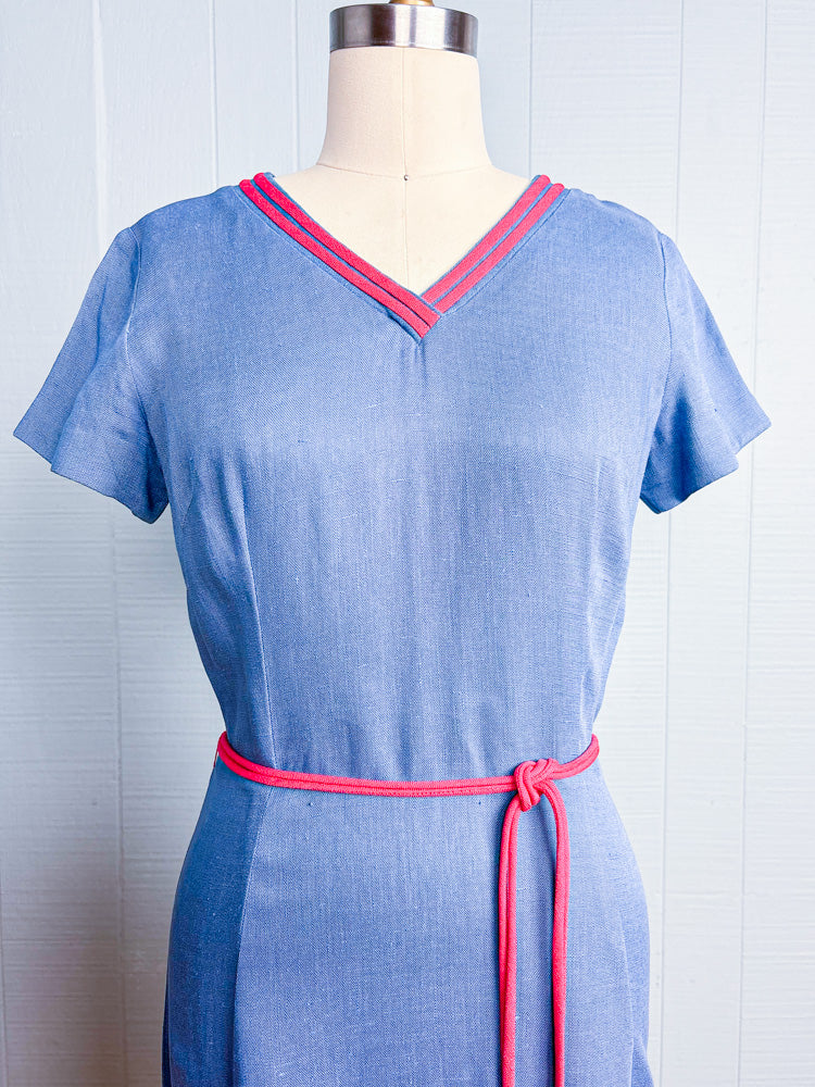 60s Mrs. Maisel Cornflower Blue Linen Red Trim Dress | M