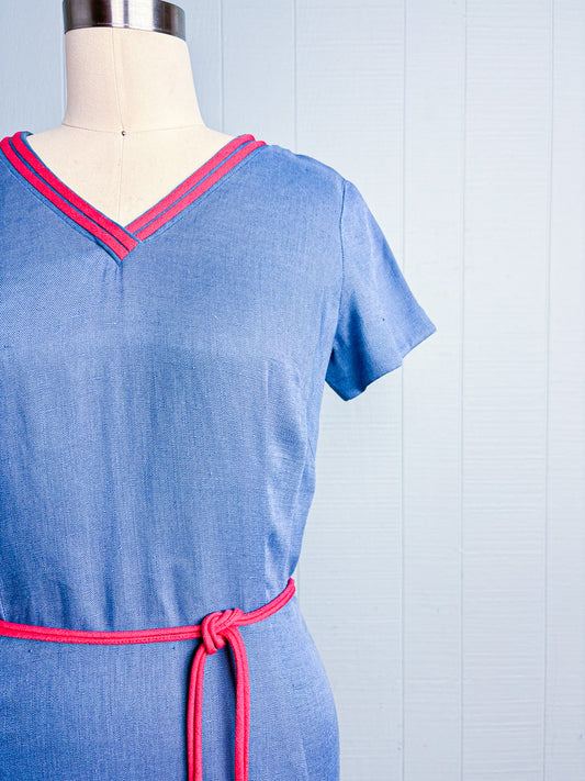 60s Mrs. Maisel Cornflower Blue Linen Red Trim Dress | M