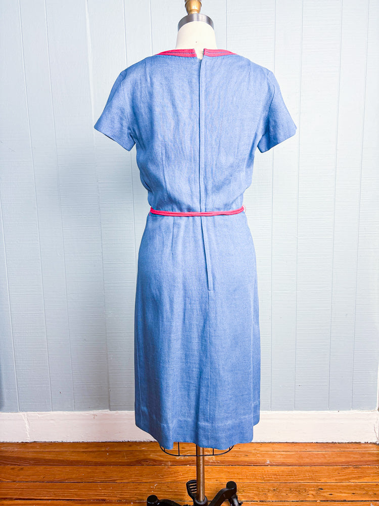 60s Mrs. Maisel Cornflower Blue Linen Red Trim Dress | M