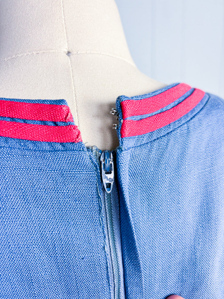 60s Mrs. Maisel Cornflower Blue Linen Red Trim Dress | M