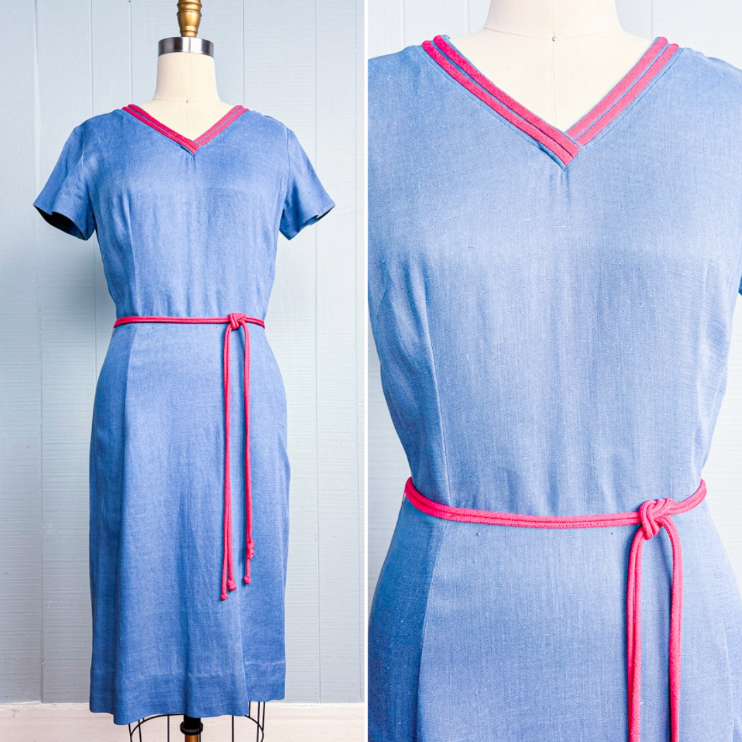 60s Mrs. Maisel Cornflower Blue Linen Red Trim Dress | M