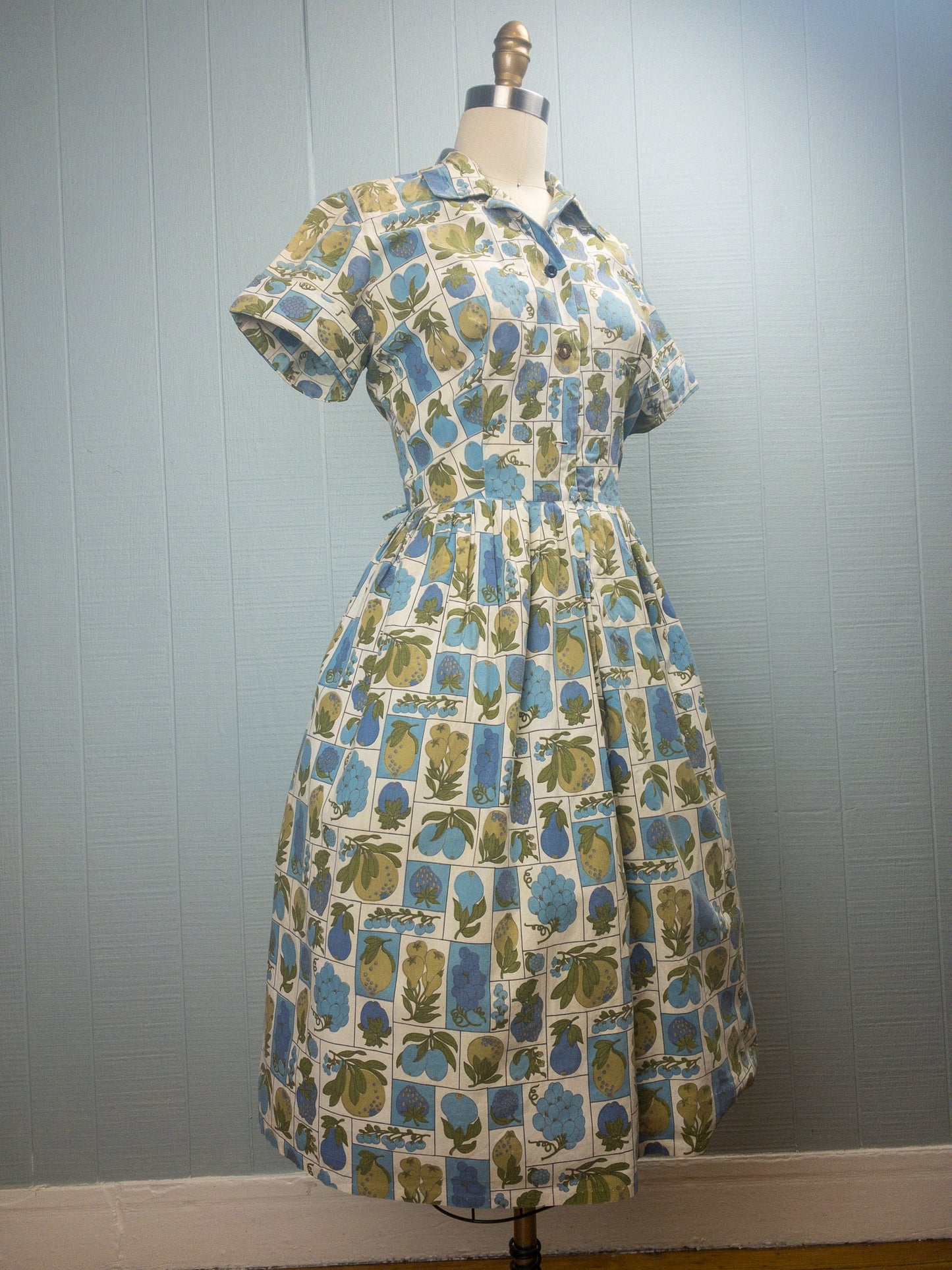 50s 60s Fruits in Blue Shirt Dress | S/M
