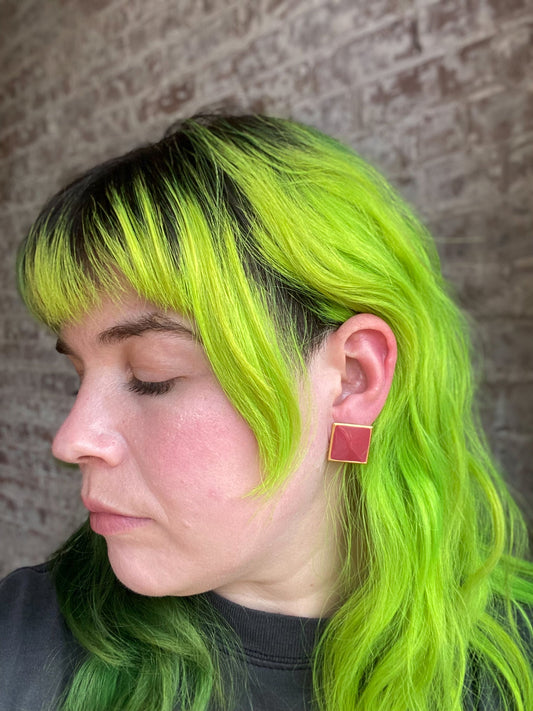 Clay Red Metal Square Pierced Stud Earrings