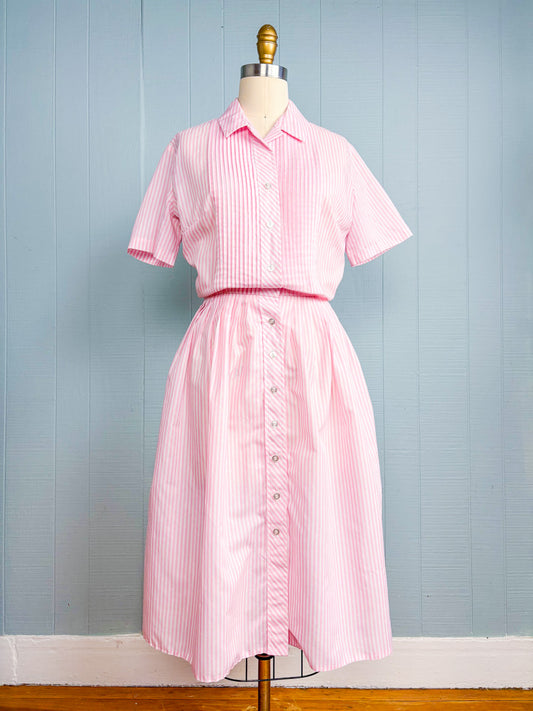 50s 60s Mrs. Maisel Baby Pink Candy Stripe Shirt Dress | M