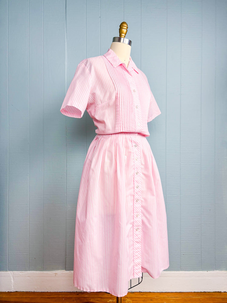 50s 60s Mrs. Maisel Baby Pink Candy Stripe Shirt Dress | M
