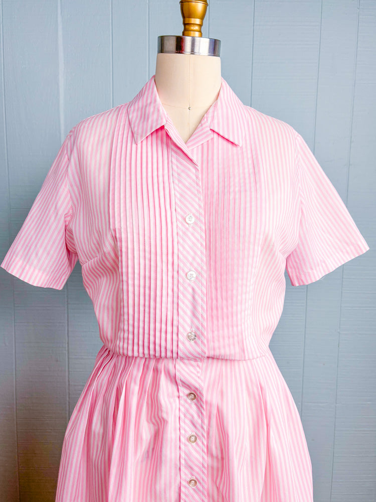 50s 60s Mrs. Maisel Baby Pink Candy Stripe Shirt Dress | M
