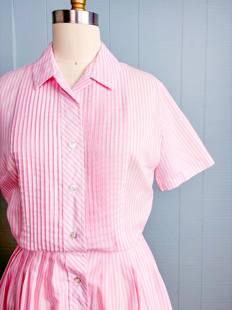 50s 60s Mrs. Maisel Baby Pink Candy Stripe Shirt Dress | M