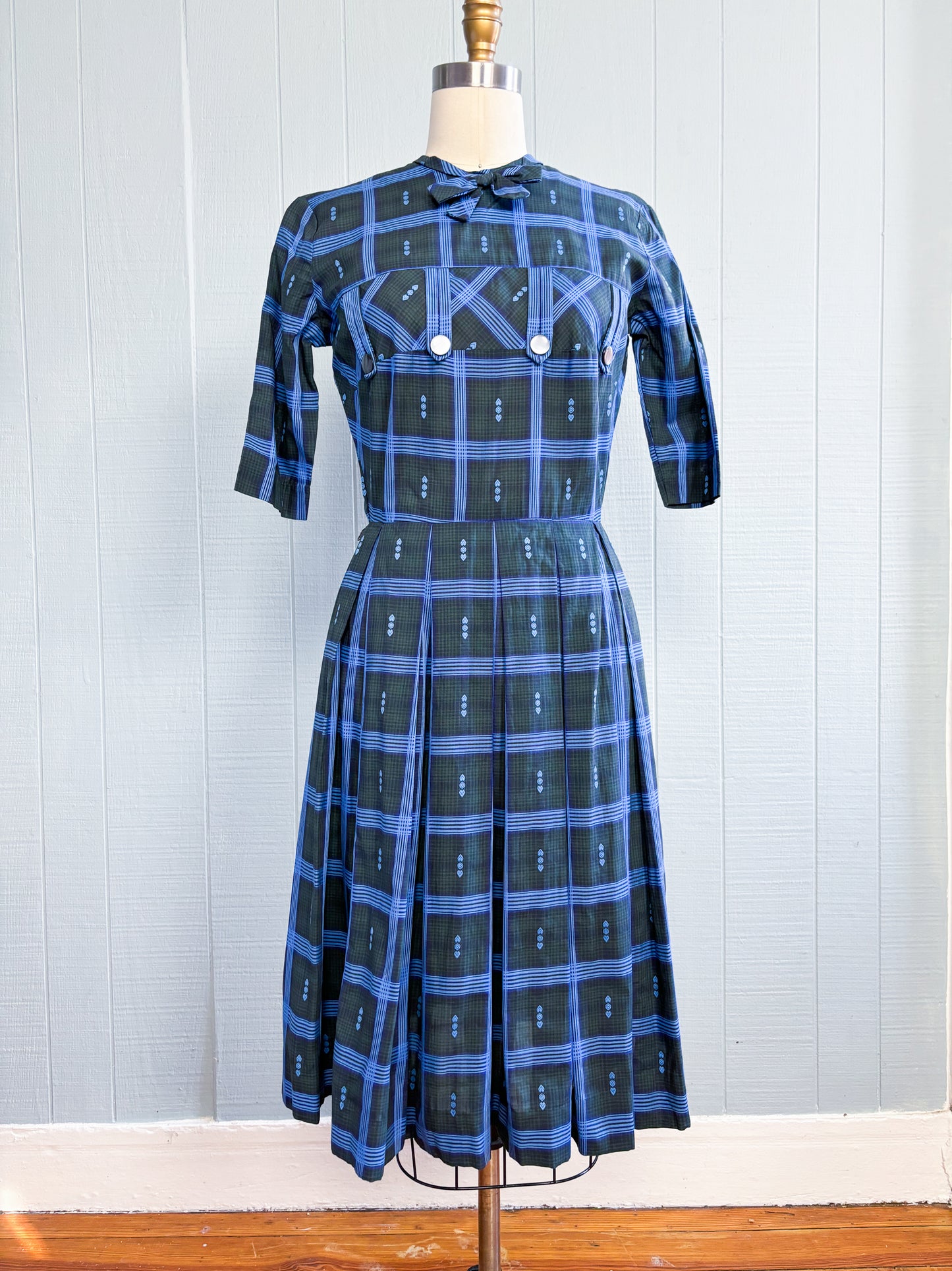 50's Mrs. Maisel Bows & Buttons Plaid Sweet Day Dress | XS