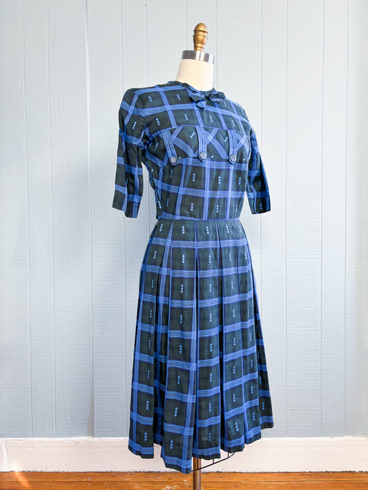 50's Mrs. Maisel Bows & Buttons Plaid Sweet Day Dress | XS