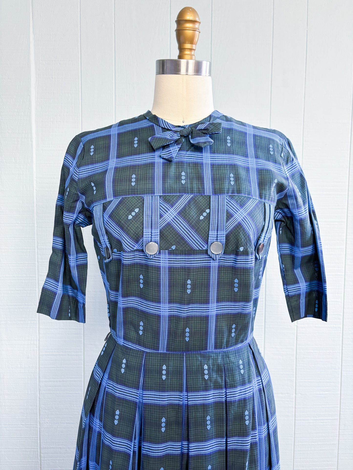 50's Mrs. Maisel Bows & Buttons Plaid Sweet Day Dress | XS