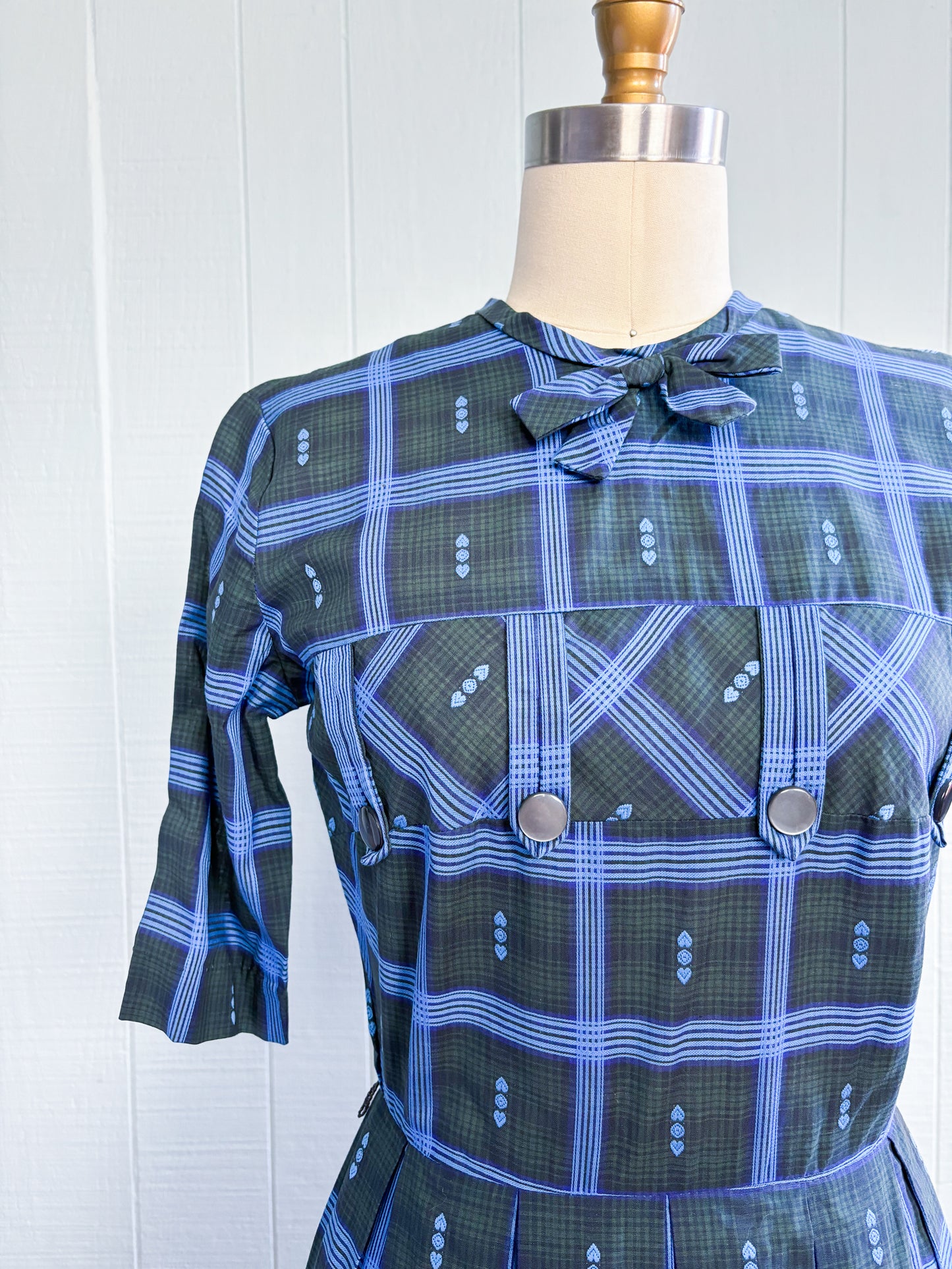 50's Mrs. Maisel Bows & Buttons Plaid Sweet Day Dress | XS