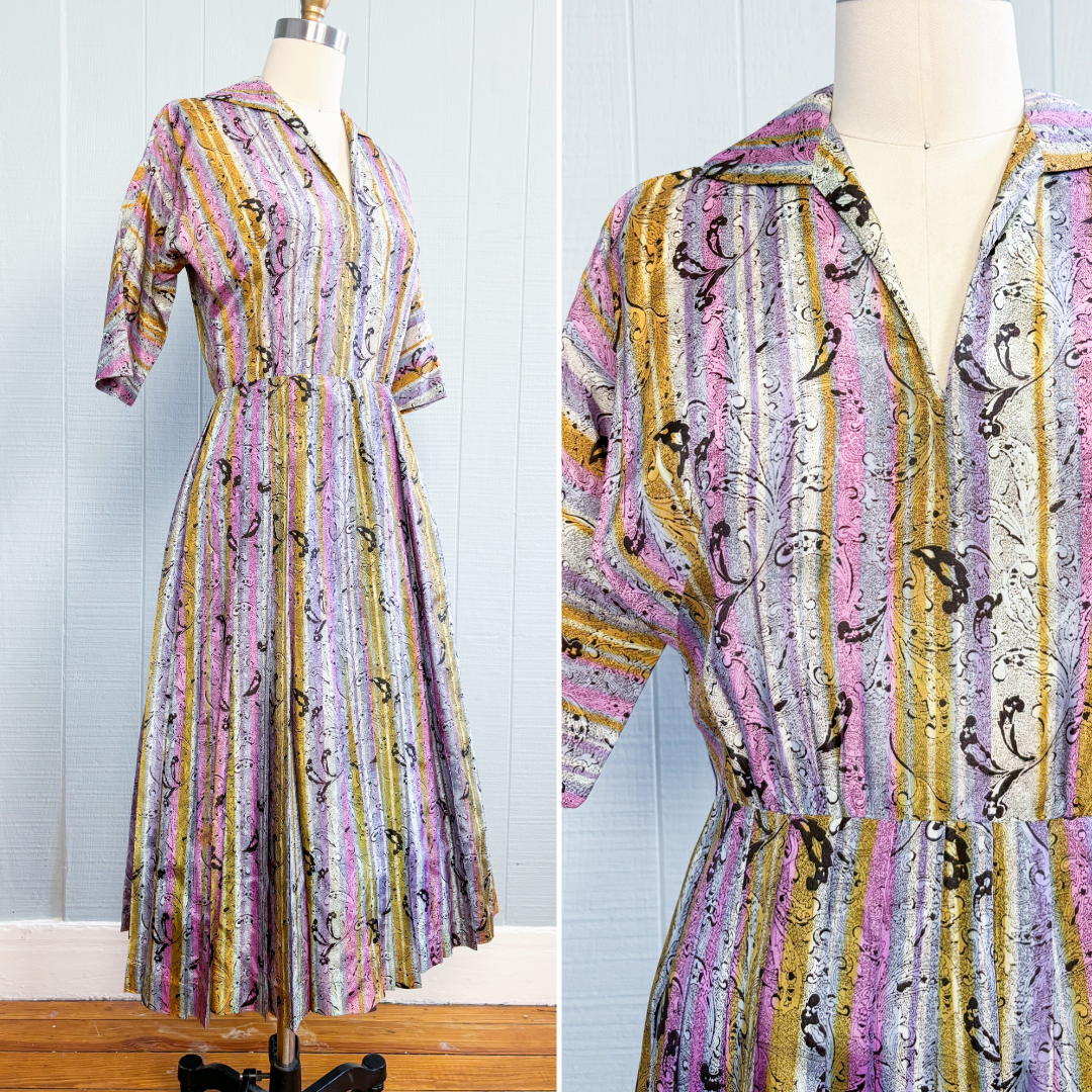 50's Mrs. Maisel Stripes & Paisley Pastel Dress | S/M