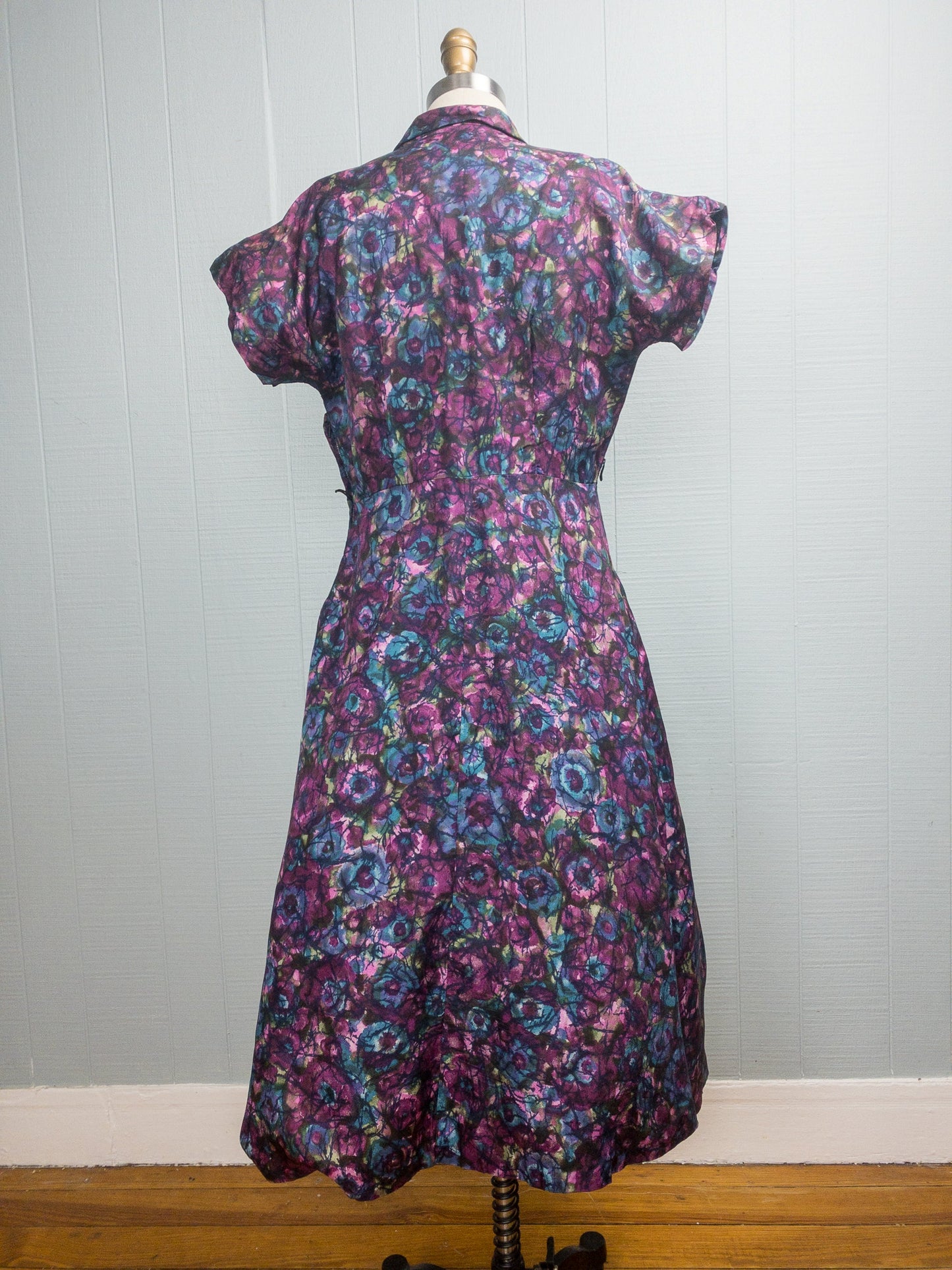 50's Purple Abstract Floral Dress | M/L