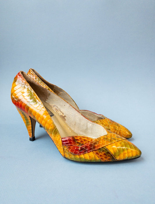 80's Orange Snakeskin High Heel Pumps | 8N 7.5