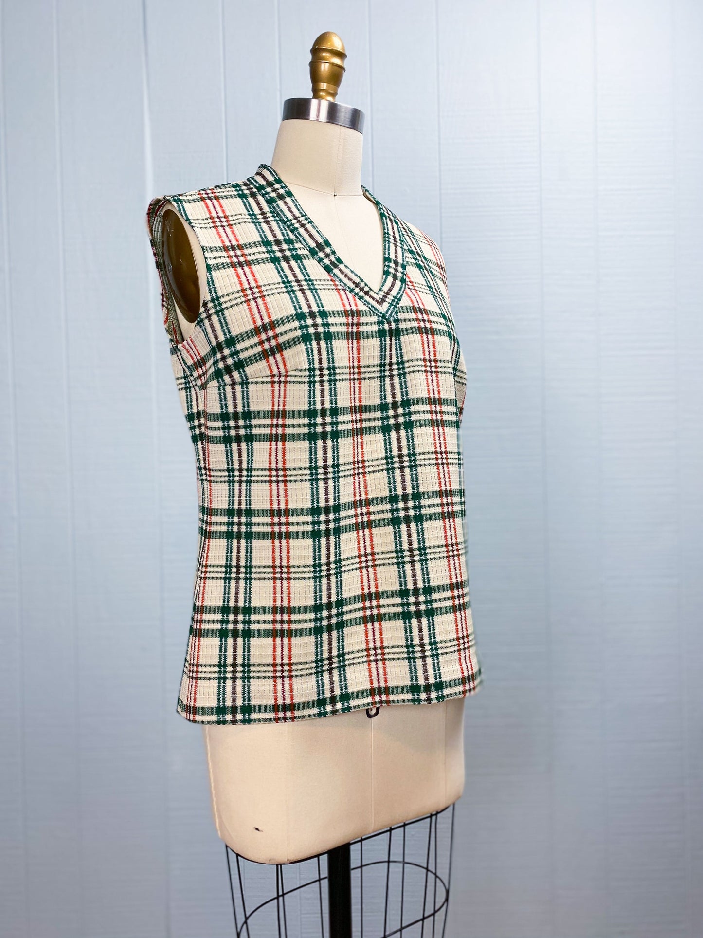 70's Cream Green Orange Plaid V Neck Poly Vest | L
