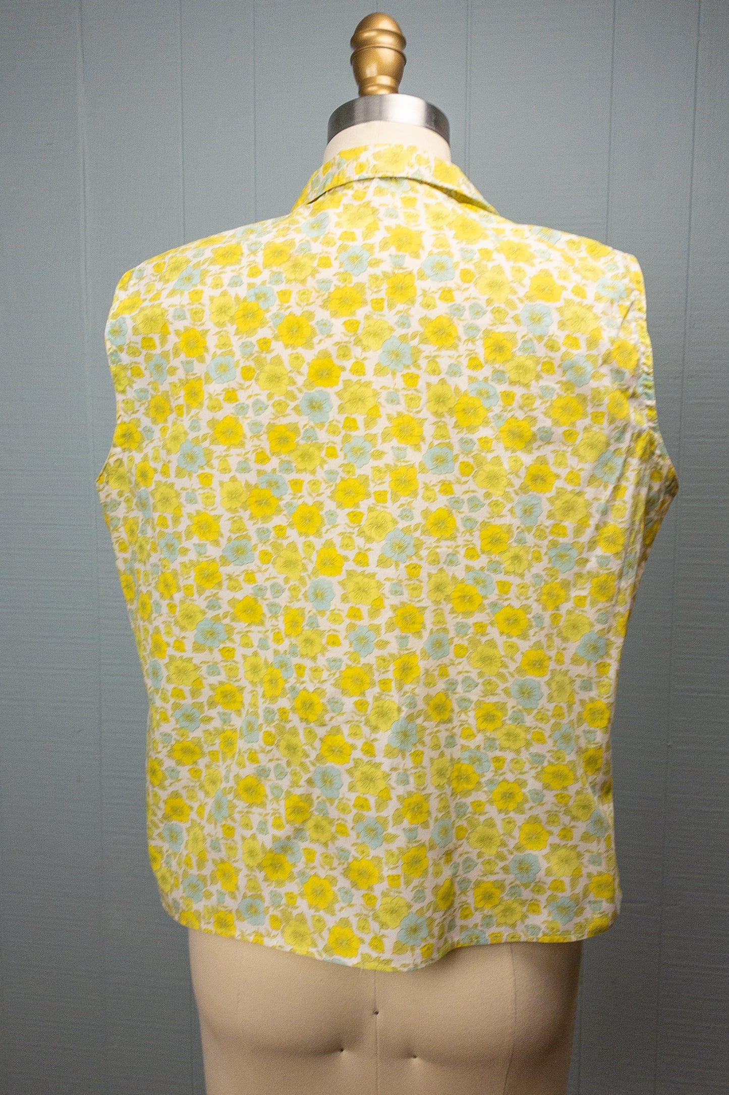 60's Yellow & Blue Ditsy Floral Sleeveless | M/L