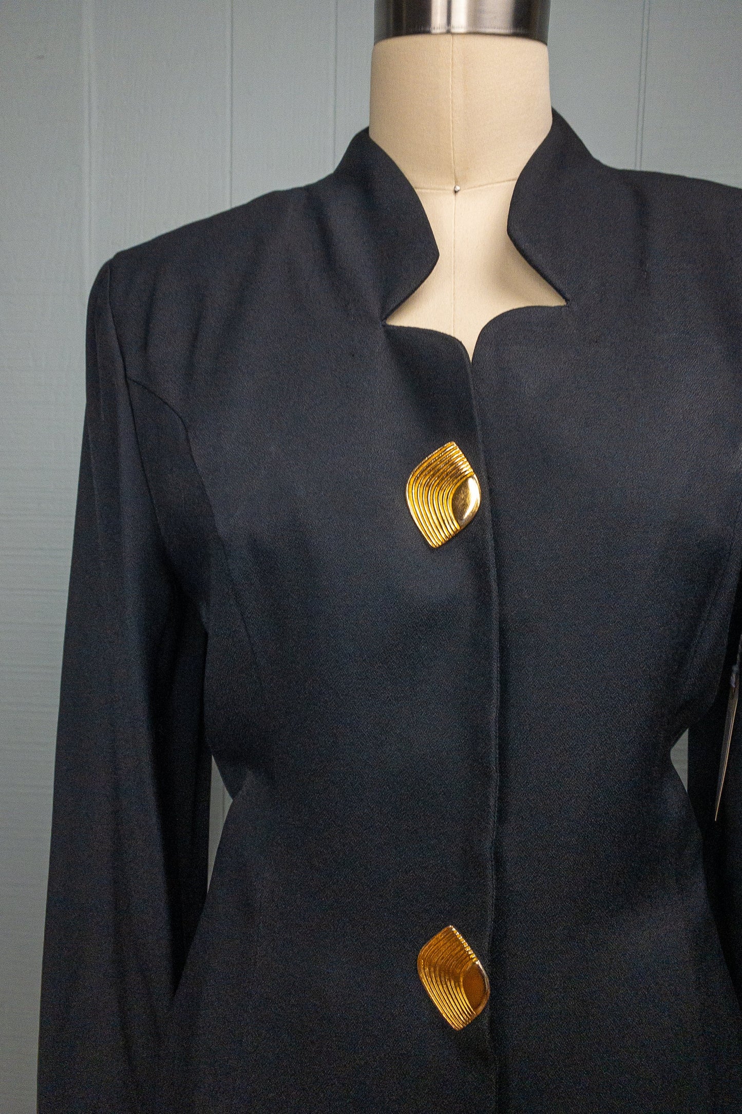 80's Black Crepe Pant Suit Virgo II Gold Statement Button