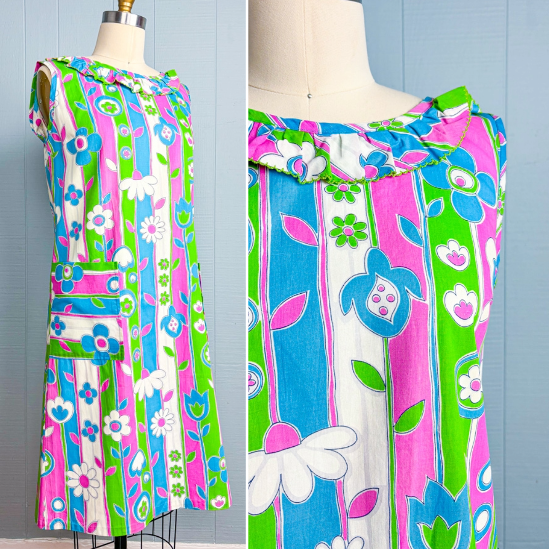 60s Mrs. Maisel Flower Power Stripe Shift Dress | S/M