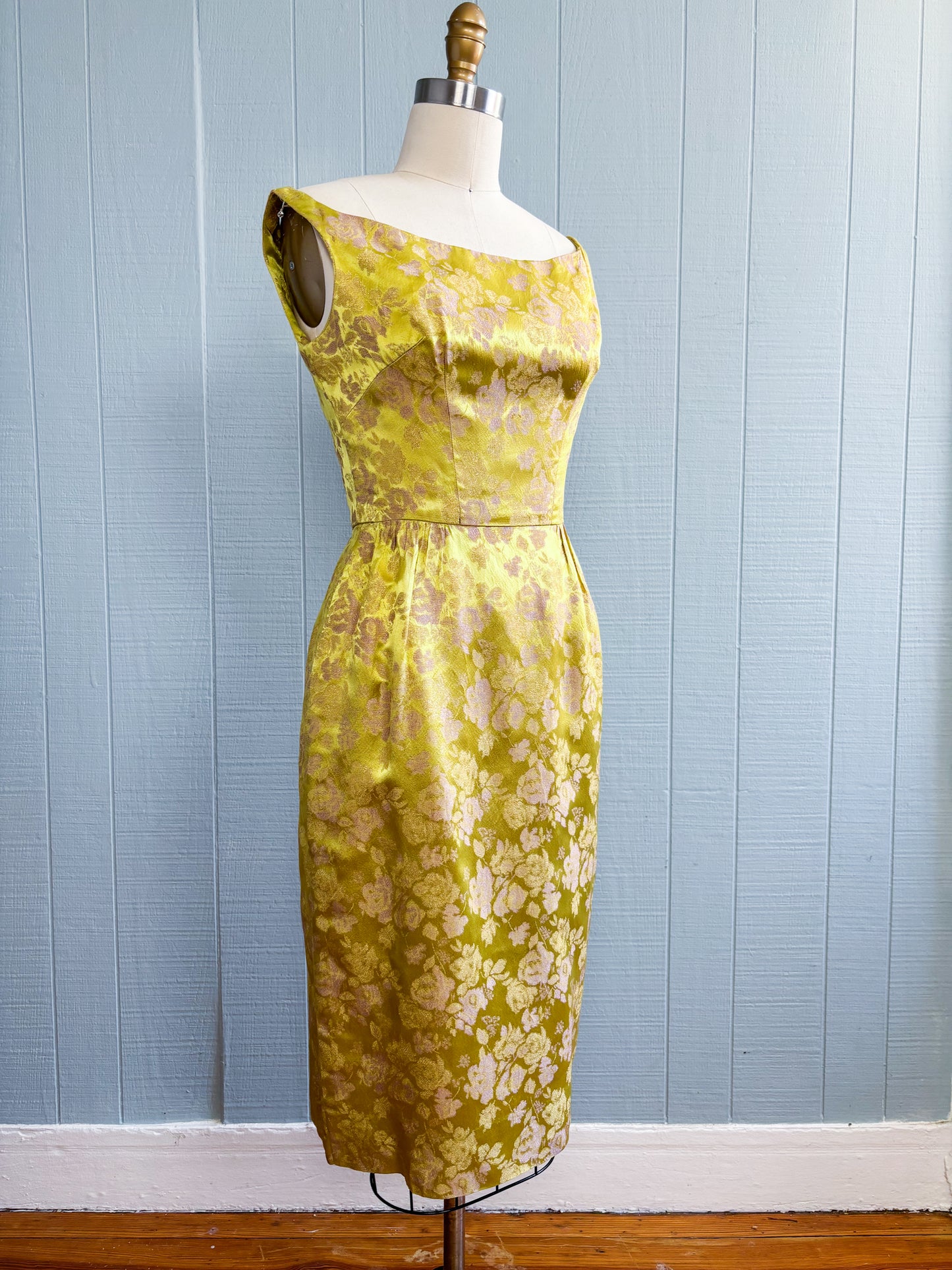 50's 60's Mrs. Maisel Chartreuse Metallic Floral Brocade Cocktail Dress | XS/S