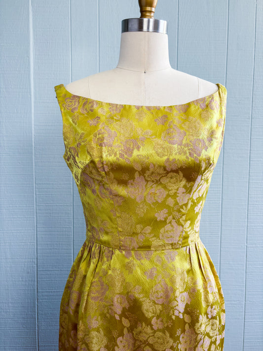 50's 60's Mrs. Maisel Chartreuse Metallic Floral Brocade Cocktail Dress | XS/S