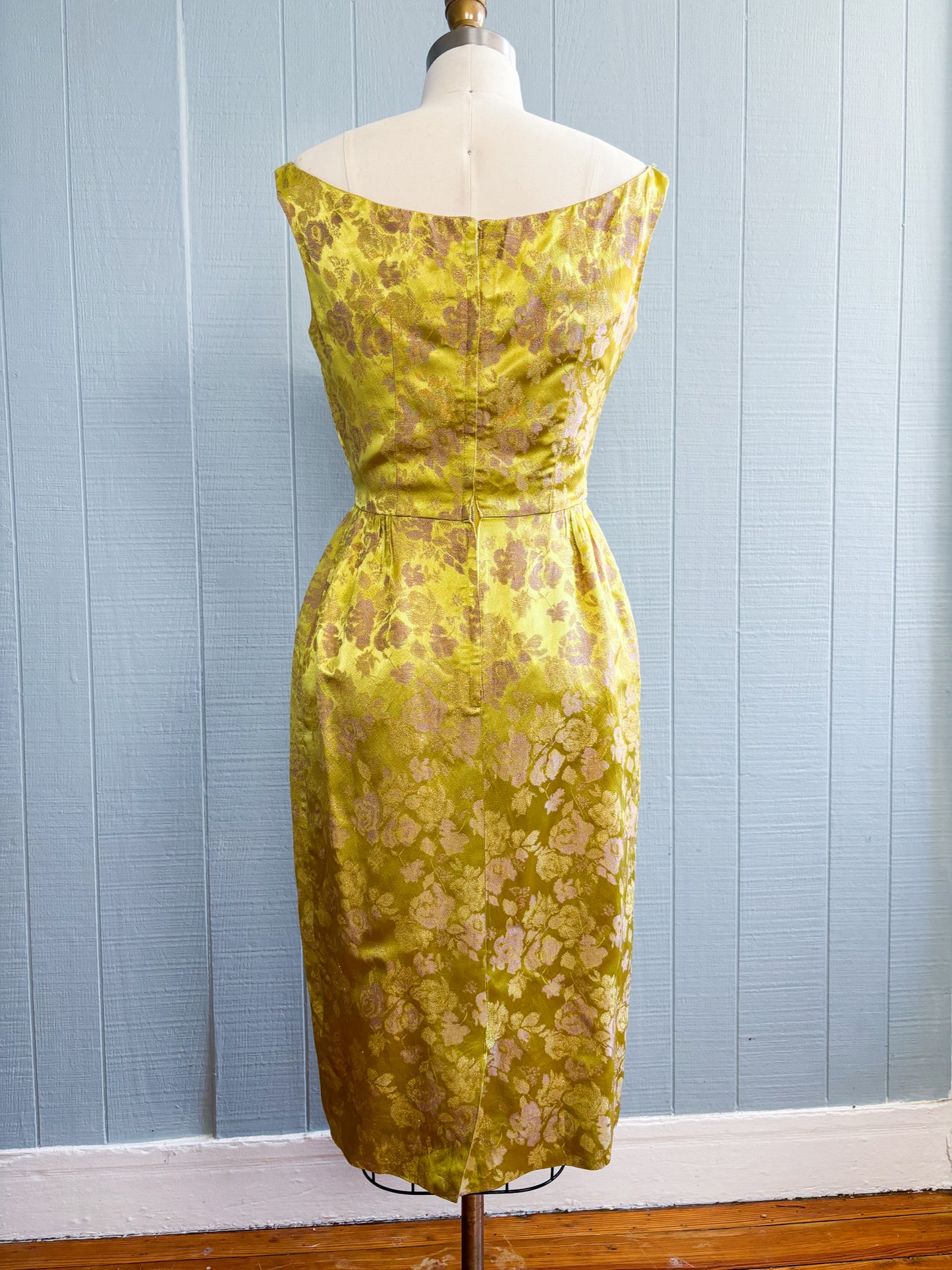 50's 60's Mrs. Maisel Chartreuse Metallic Floral Brocade Cocktail Dress | XS/S