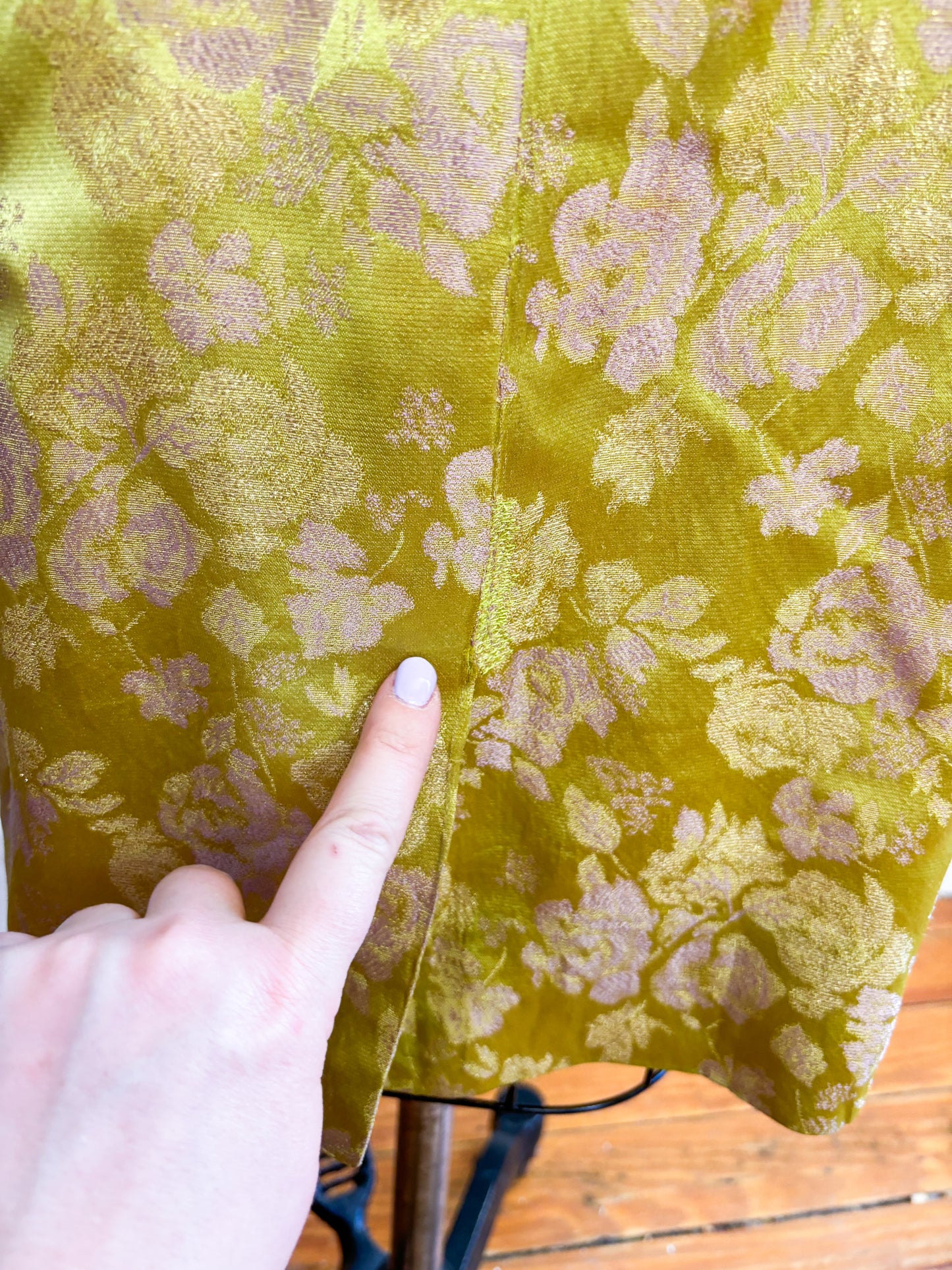 50's 60's Mrs. Maisel Chartreuse Metallic Floral Brocade Cocktail Dress | XS/S