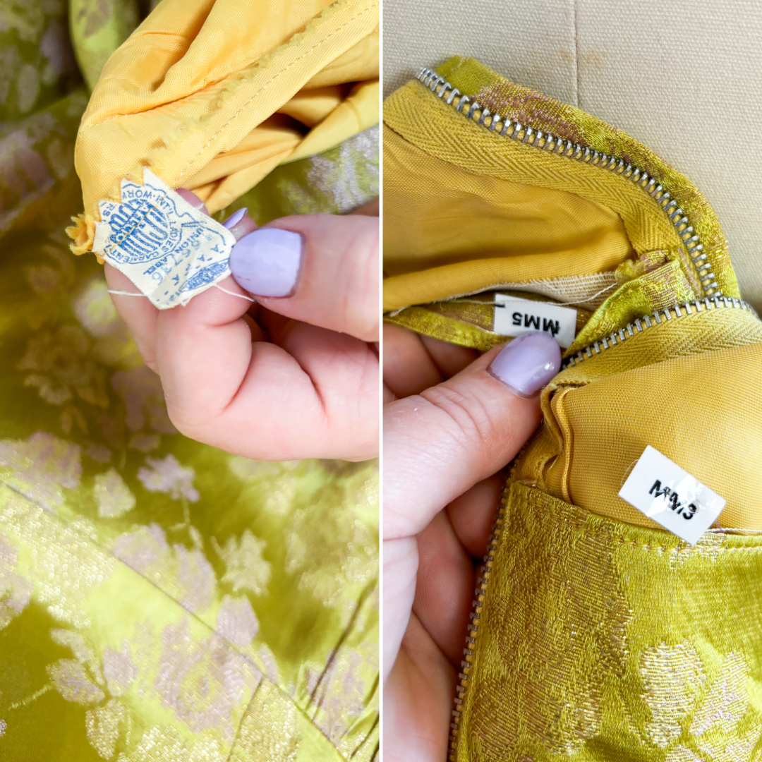 50's 60's Mrs. Maisel Chartreuse Metallic Floral Brocade Cocktail Dress | XS/S